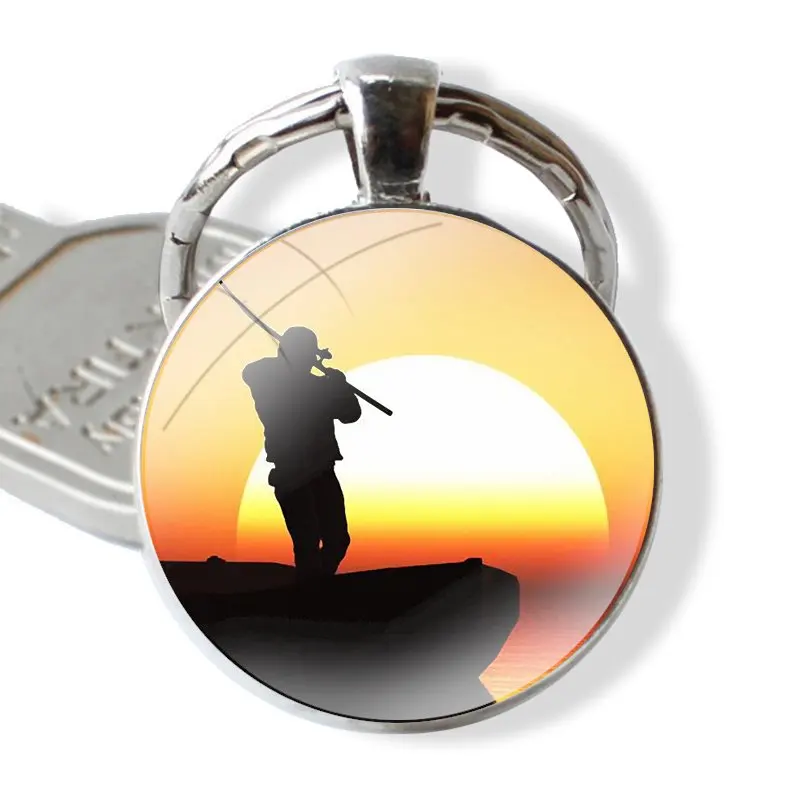 Hunting dog and fishing man Keychain Glass Cabochon Metal Pendant Classic Men's Women's Keyring