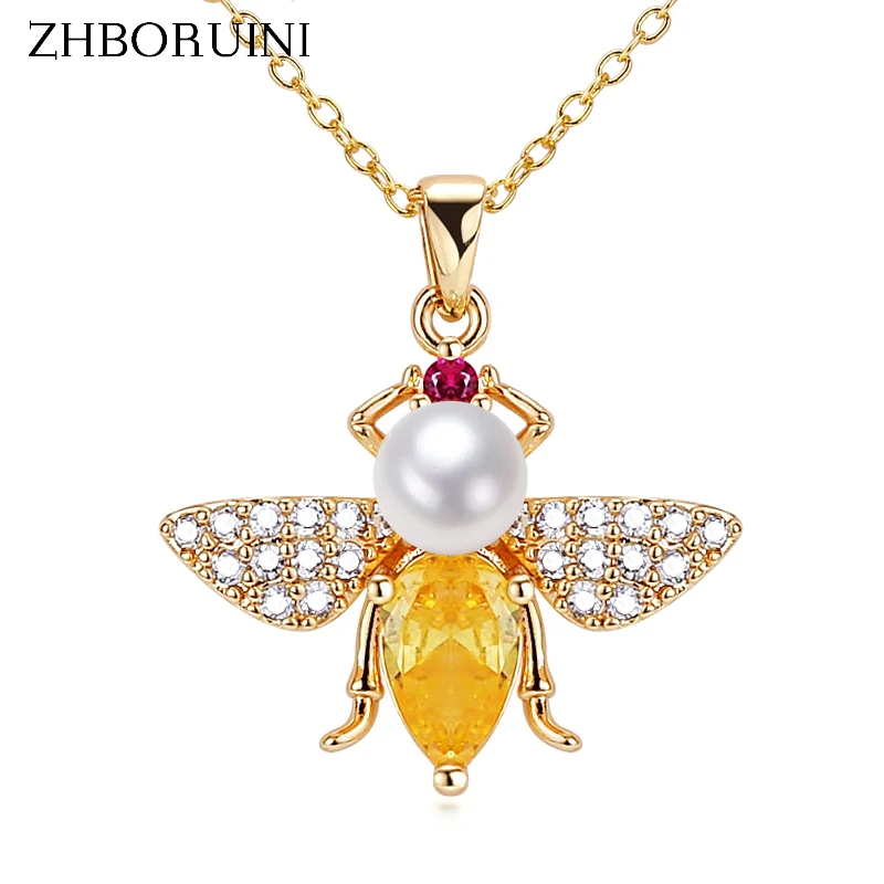 ZHBORUIN Pendant Freshwater Pearl Necklace Creative Bee Exquisite14K Gold Plated Clavicle Chain Female Banquet Jewelry Woman