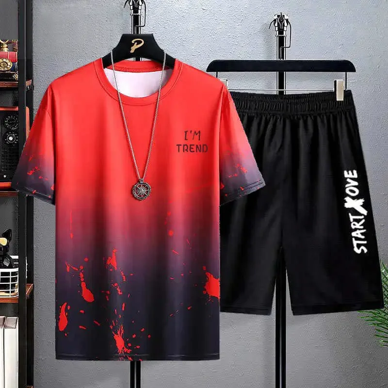 Men\'s Set Gym Outfit Summer Shorts tracksuit men Short Sleeve  Printed T-shirt Top Workout Quick Drying sweatshirts men clothing