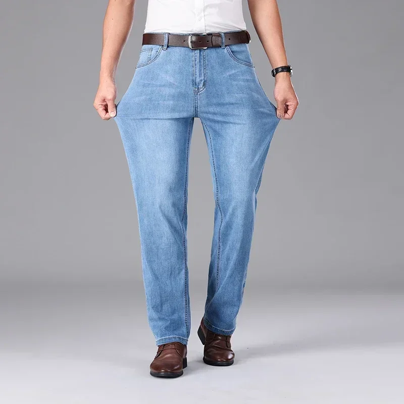 2026 Summer Brand Clothing Men's Straight Loose Lightweight Jeans Classic Badge Business Casual Thin Cotton Stretch Pants