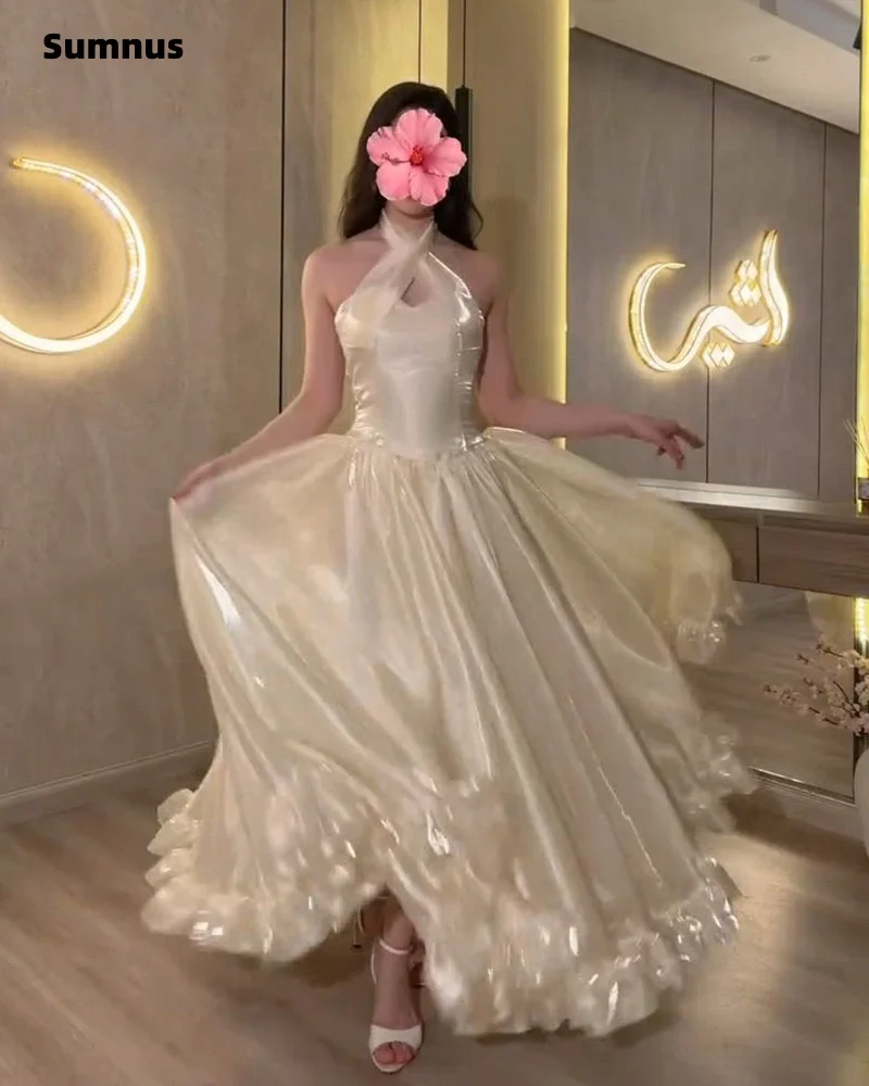 Sumnus Elegant A-Line Prom Dresses Ivory Silk Satin Halter Ruffle Draped Maxi Women Evening Dress vestidos gala Customized image 6