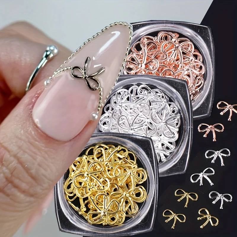 3 Bottle Metal Willow Bows Nail Decoration Gold Silver 3D Bowknot Design DIY Charm Elegant Metallic Jewelry Manicure Accessoires