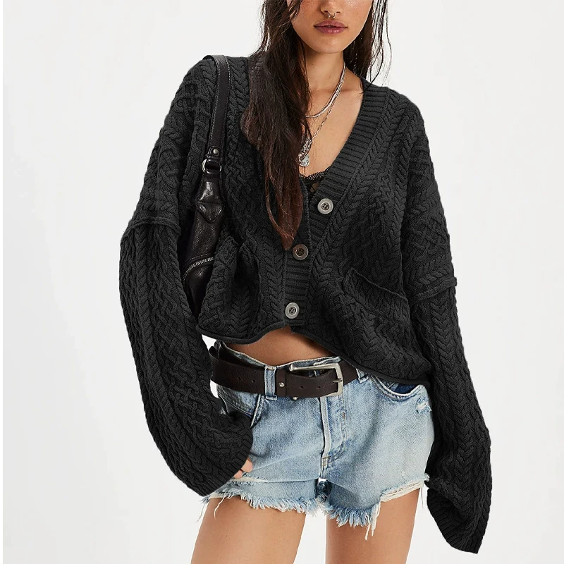 

Women's Fall Winter Cropped Cable Knit Cardigan Solid Color Oversized Open Front Sweater Coat Casual Blouse Autumn Clothes Women