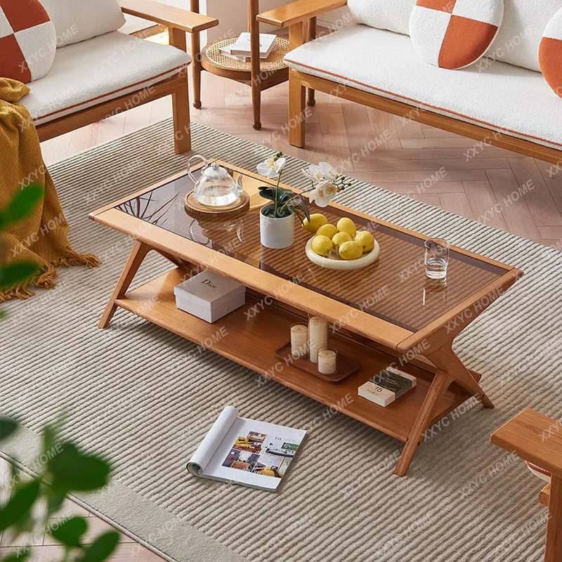 Rattan coffee table Nordic solid wood homestay home rectangular tea table glass table