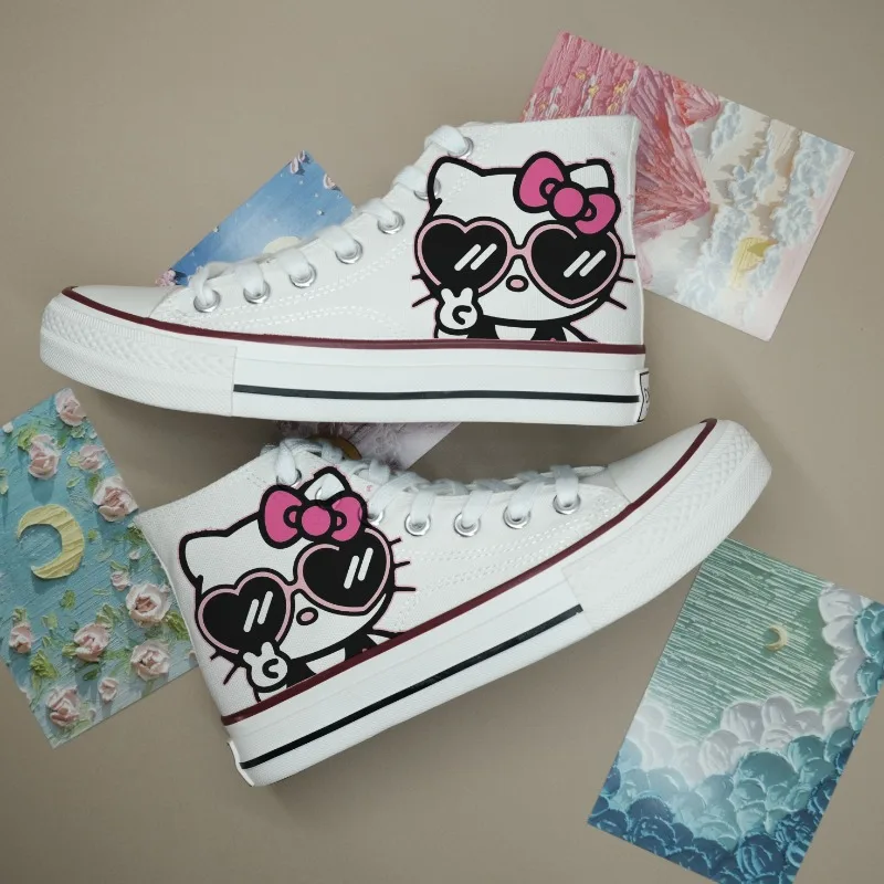 Sanrio Original Hello Kitty Printing Shoes for Women College Style Lace Up Couple Canvas Shoes Kawaii White Sneakers Women 2025