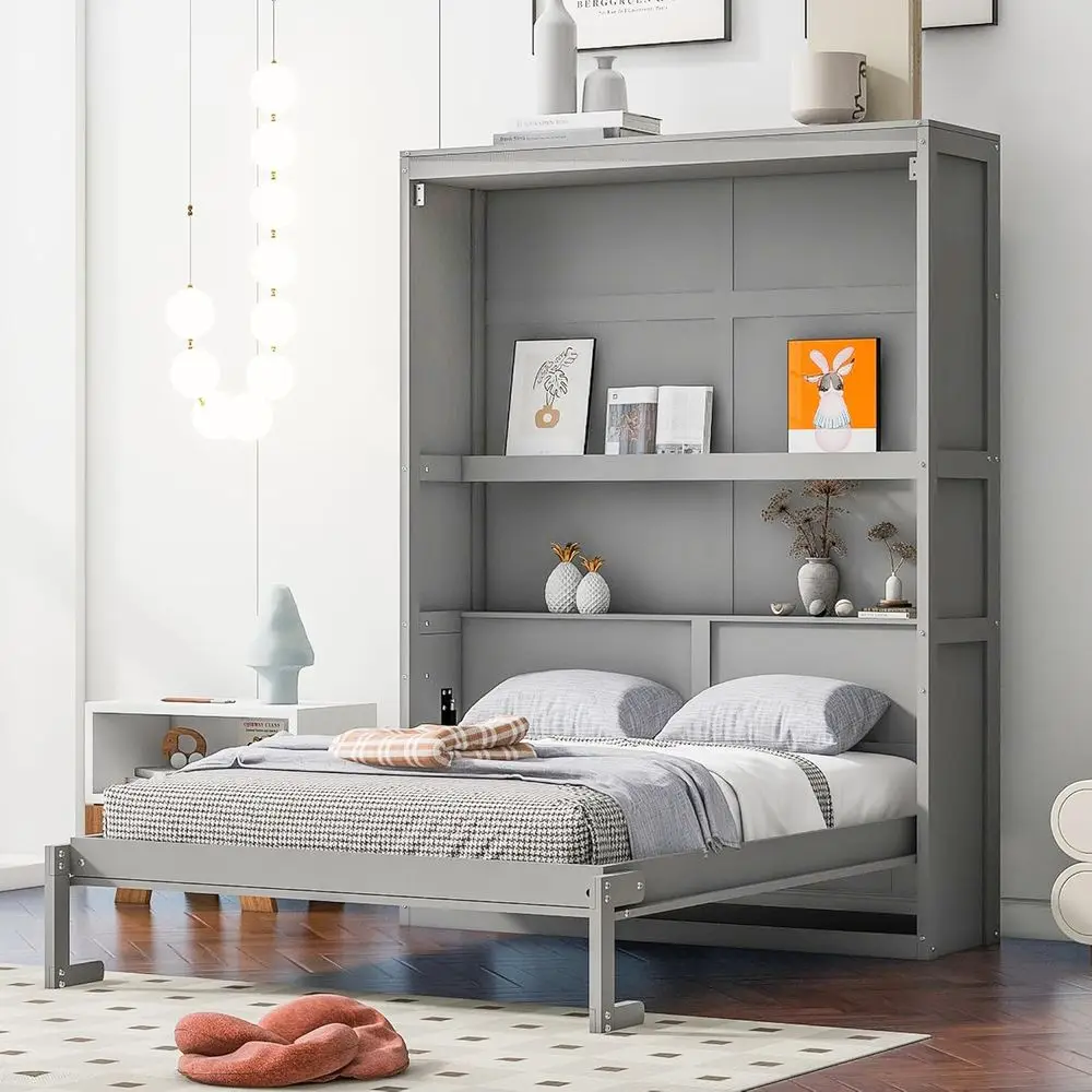Space-Saving Murphy Wall Bed with Shelves, Grey, Ideal for Home and Office