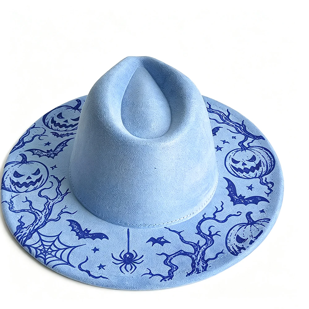 Women Halloween Wide Brim Fedora Hat,Light Blue Pumpkin Bat Spider Print Felt Hat,Party Cosplay Costume Props 56‑58cm Head Circu