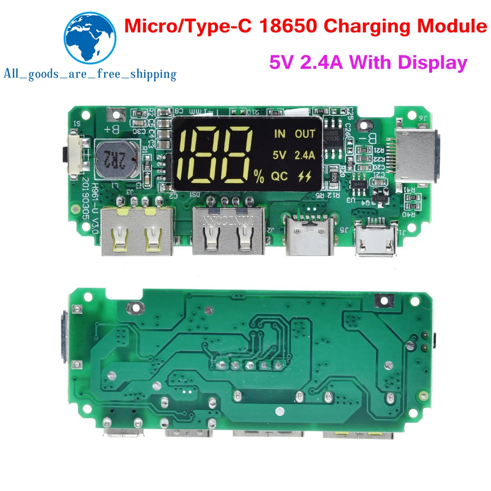 

Плата зарядного устройства для литиевой батареи, внешний аккумулятор для мобильного телефона с двумя USB-портами 5 В 18650 а Micro/USB Type-C, модуль зарядки