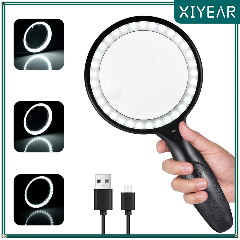 

Handheld Magnifier 5x 10x Reading Magnifier USB Rechargeable - 33 Piece LED Magnifier for Close-Up Work, Repair, and Reading