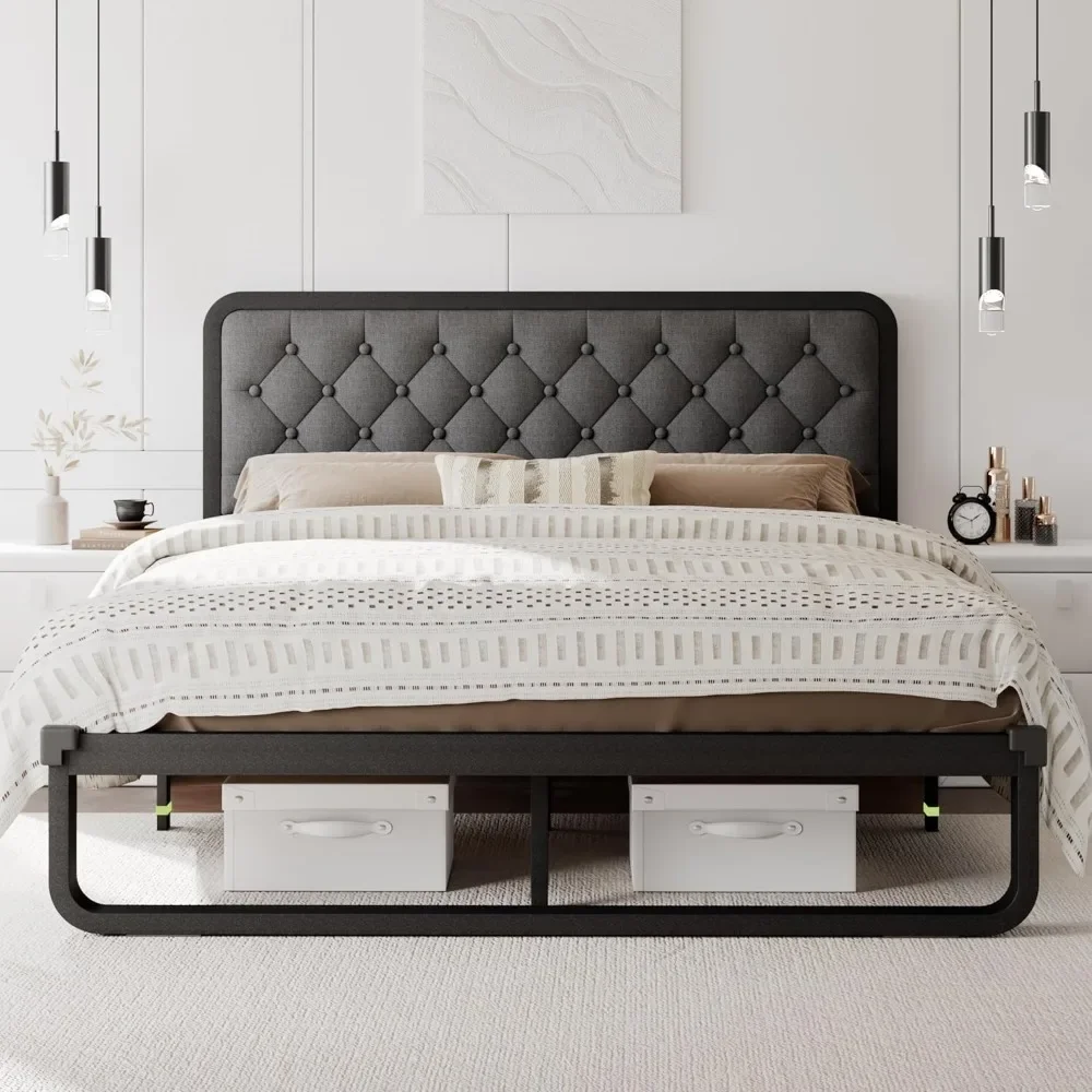 

Bed Frame, Curved Metal Platform Bed Frame with Linen Upholstered Headboard, 12 Inch Under-Bed Space, No Box Spring Needed