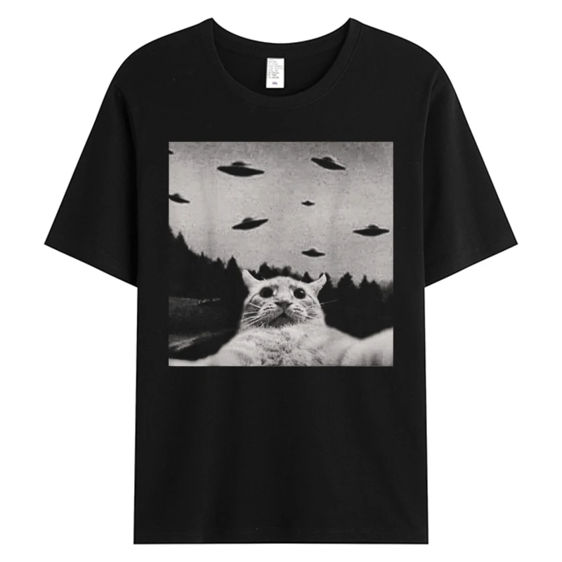 

Футболка Alien Cat UFO, мужские футболки из хлопчатобумажной ткани с принтом, футболка 5XL со скидкой, классический крой с круглым вырезом, черные топы для взрослых, футболки