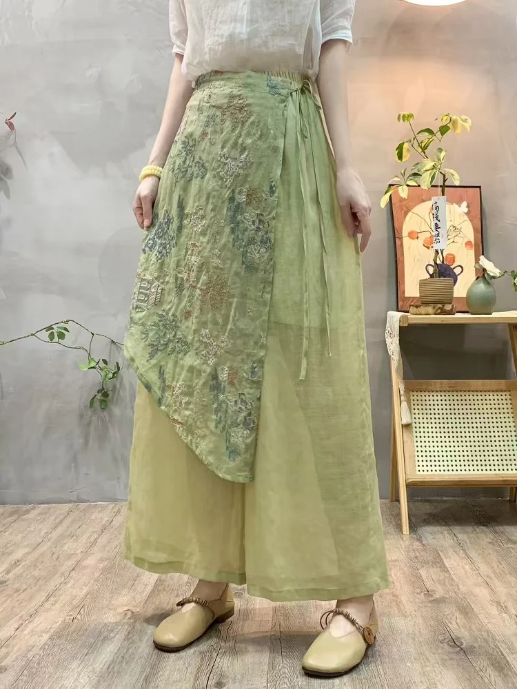 

Элитные женские брюки из чистого льна с вышивкой и пэчворком, широкие, с эластичным поясом, утягивающие, длиной 7/8, двухслойные