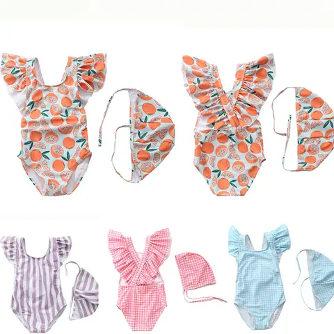 Happyflute 7-24kg Random Colors Ins Style One-Pcs Swimsuit Children Girls Cute With Ruffle Baby Striped Polyester Swimming Cloth