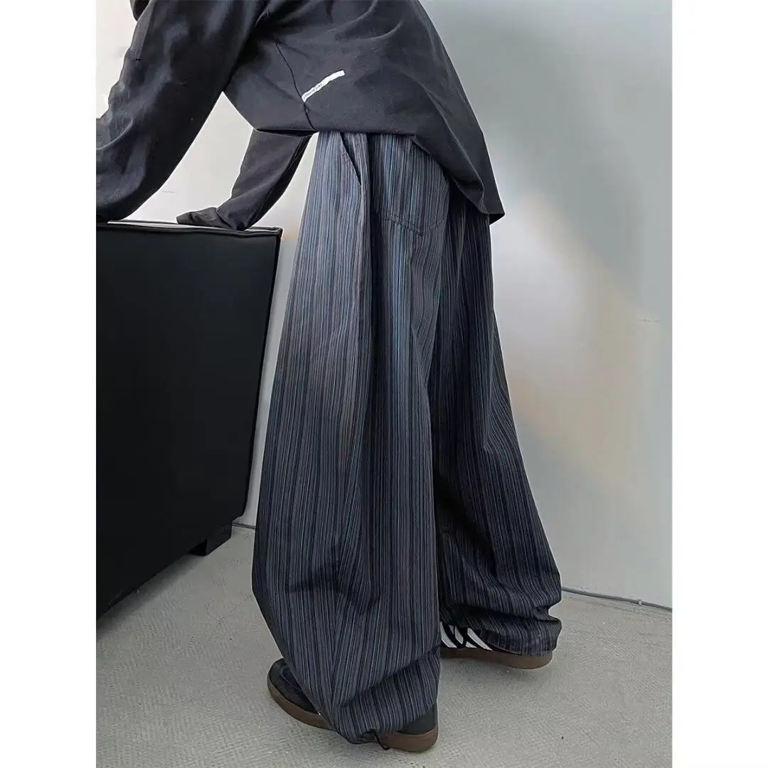 Trendy Korean Style Retro Black Blue Vertical Striped Scimitar Wide Eg Pants Men Y2K Design Can Tie The Feet and Mop The Floor