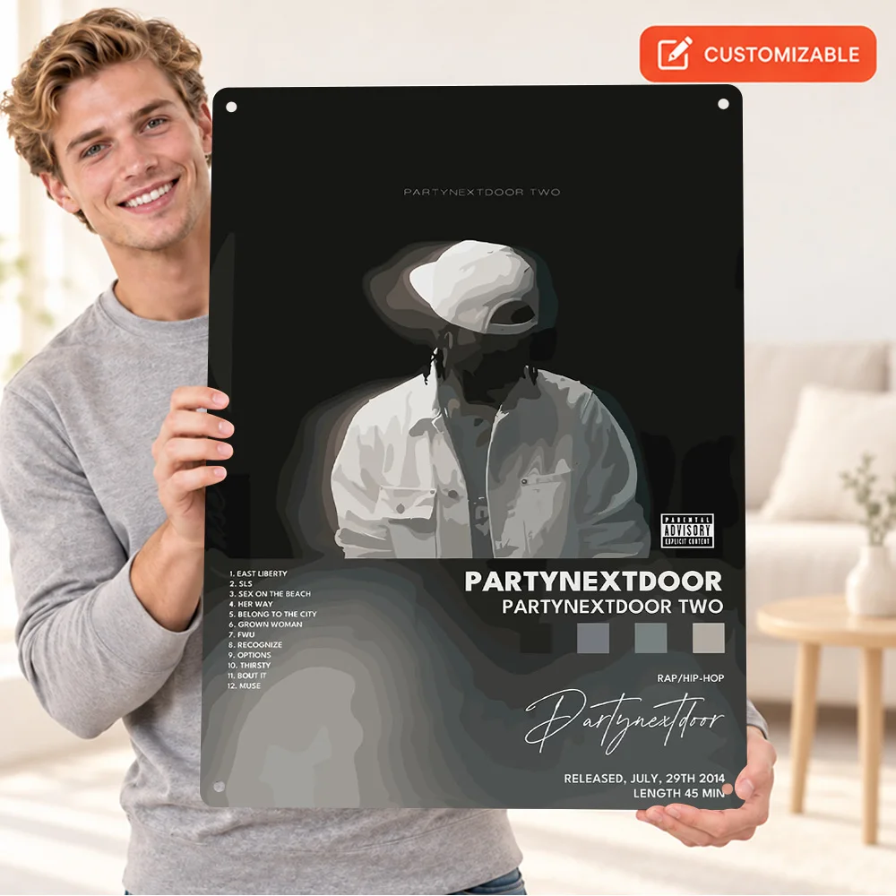 PARTYNEXTDOOR TWO Textured Metal Poster Customized Aluminum Sign Gray Seated Figure Illustration Wall Art For Listening Room