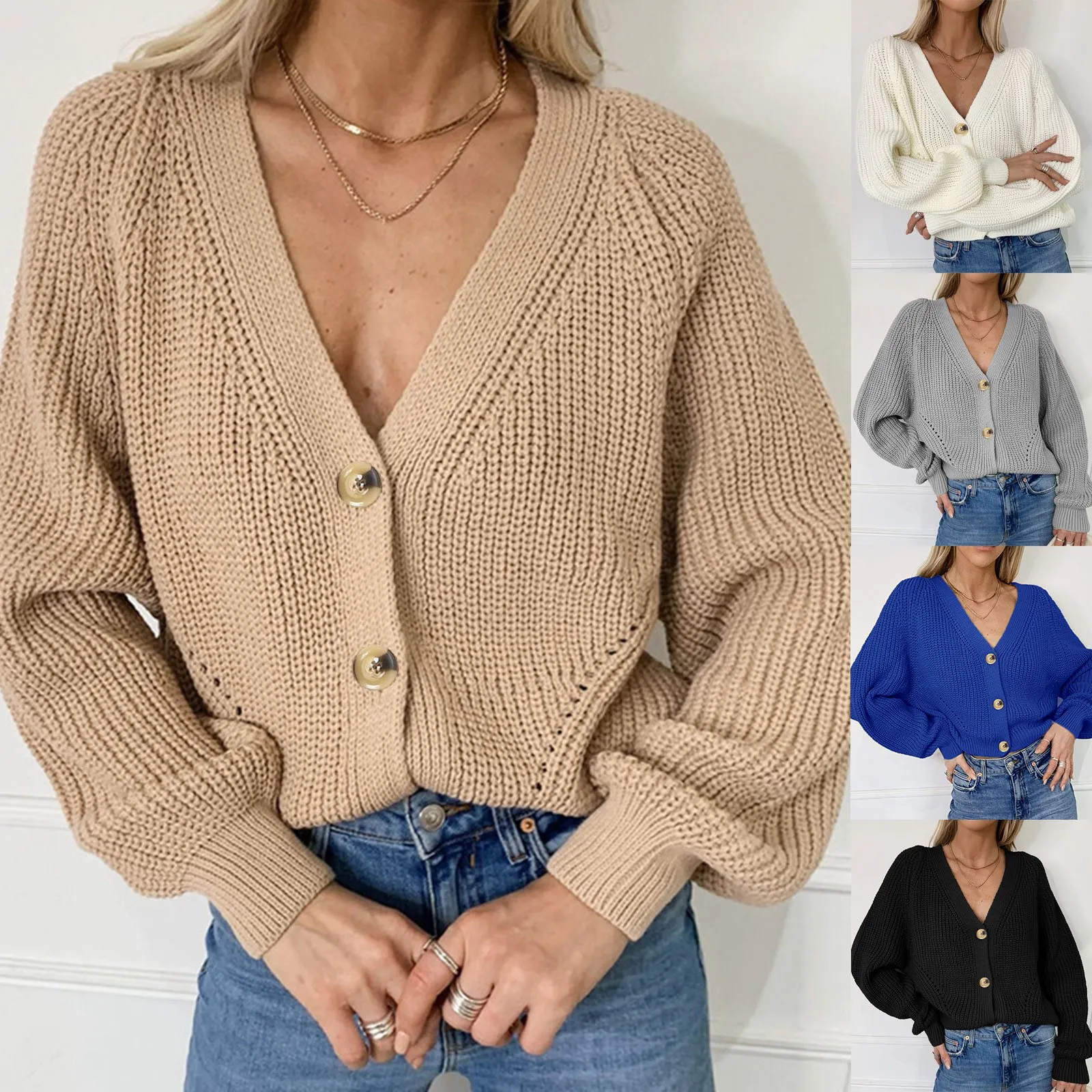 NEW Fashion Winter Grey Cardigan Sweater Women Cozy Soft Knit Button Up V-Neck Jumper Basic Knitwear Autumn Winter Female Tops