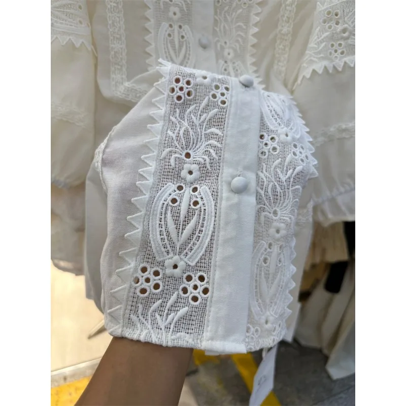 Vêtements pour femmes Vintage dentelle creuse broderie boutonnée chemise été blanc à manches courtes Blouse décontracté col rond ample Chic hauts