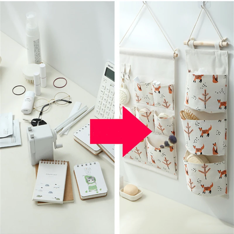 3/5/7 Pockets Cotton Linen Fabric Wall Door Hanging Bag Organizer Storage Pouches Wardrobe Closet Storage Bag Sundries Pouches