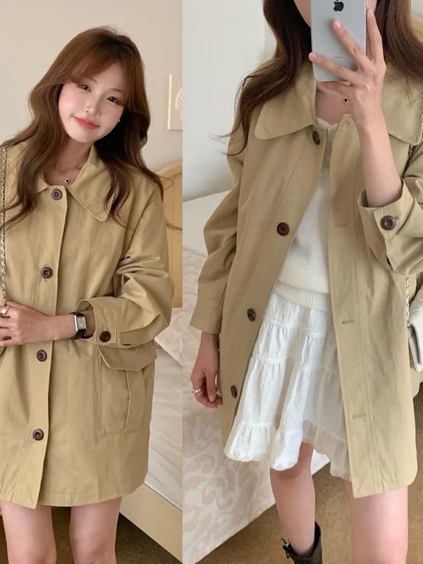 

Chic Spring Vintage Lazy Sle Turn-down Collar Single Button Loose ket Mid-length Coat Jaet Women's Faion Outerwear