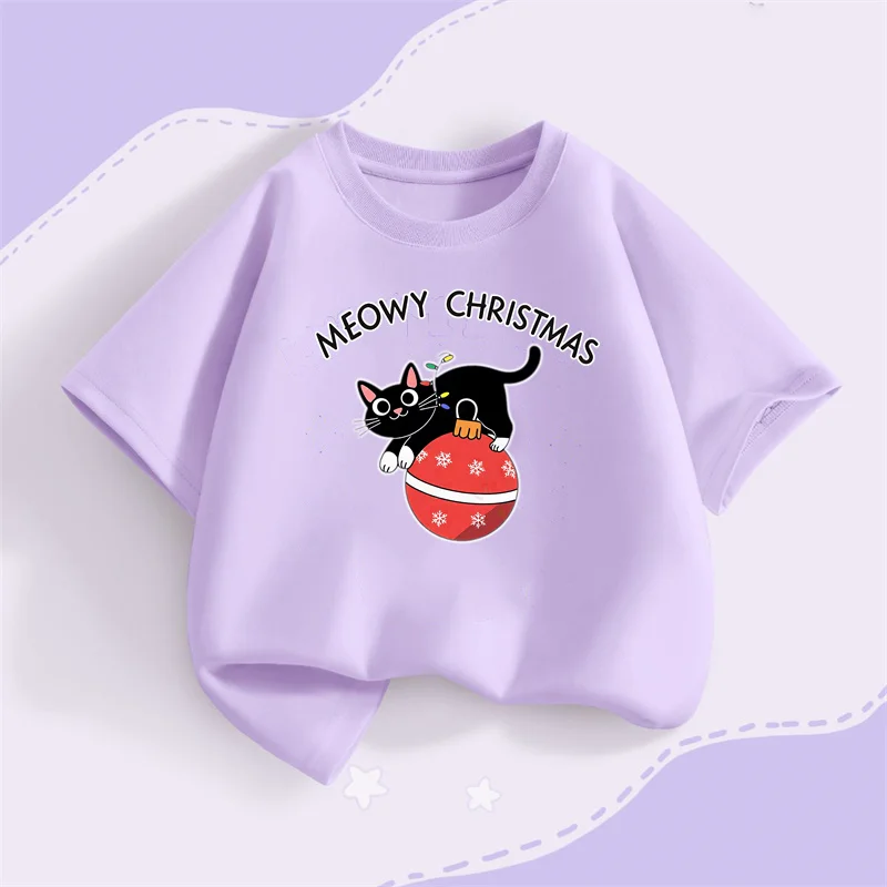 تي شيرت بأكمام قصيرة لحفلات عيد الميلاد للأطفال، قميص كارتوني على شكل قطة سوداء للفتيات والأولاد، ملابس كاجوال #2