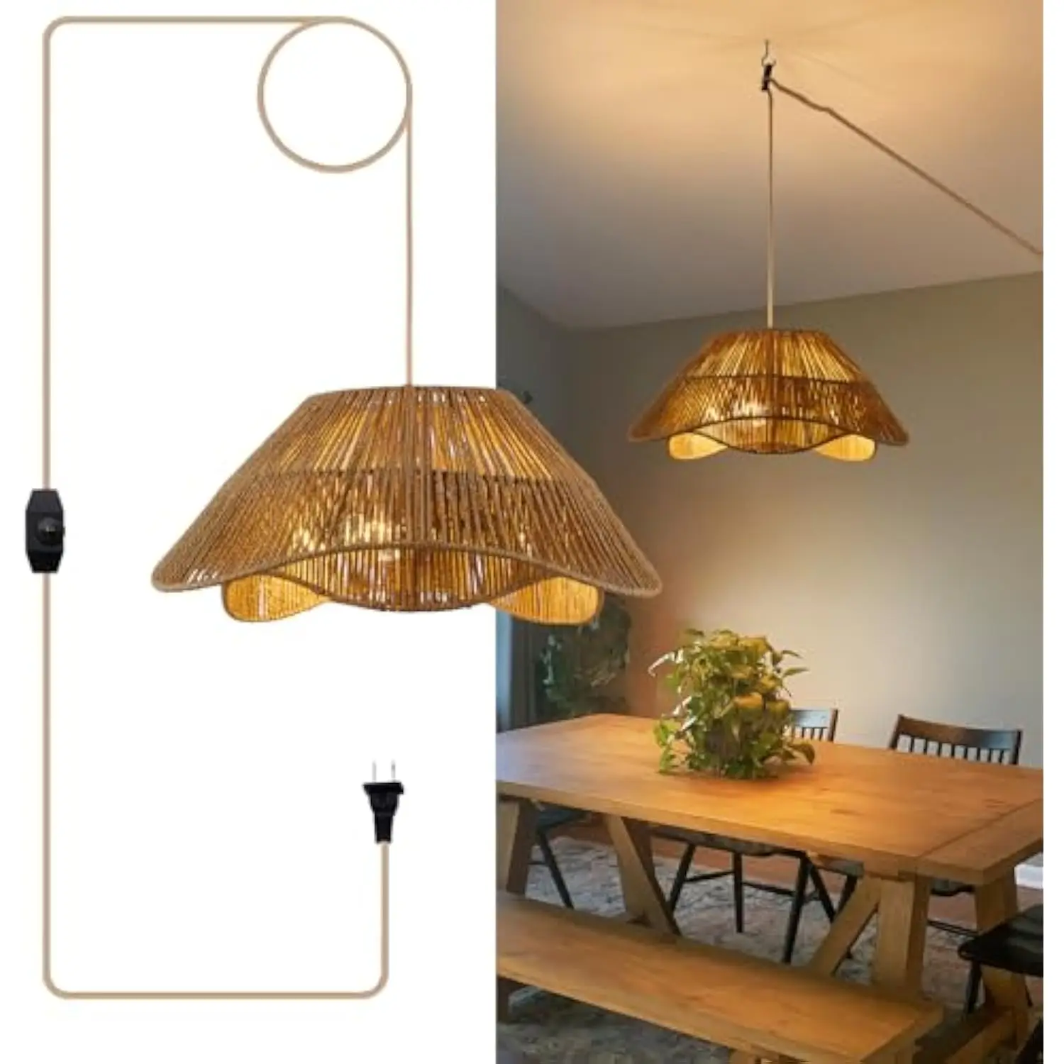 

19.68" Plug in Pendant Light, 3-Light Rattan Hanging Lights with Plug in Cord, Boho Plug in Hanging Ceiling Light Fixture with