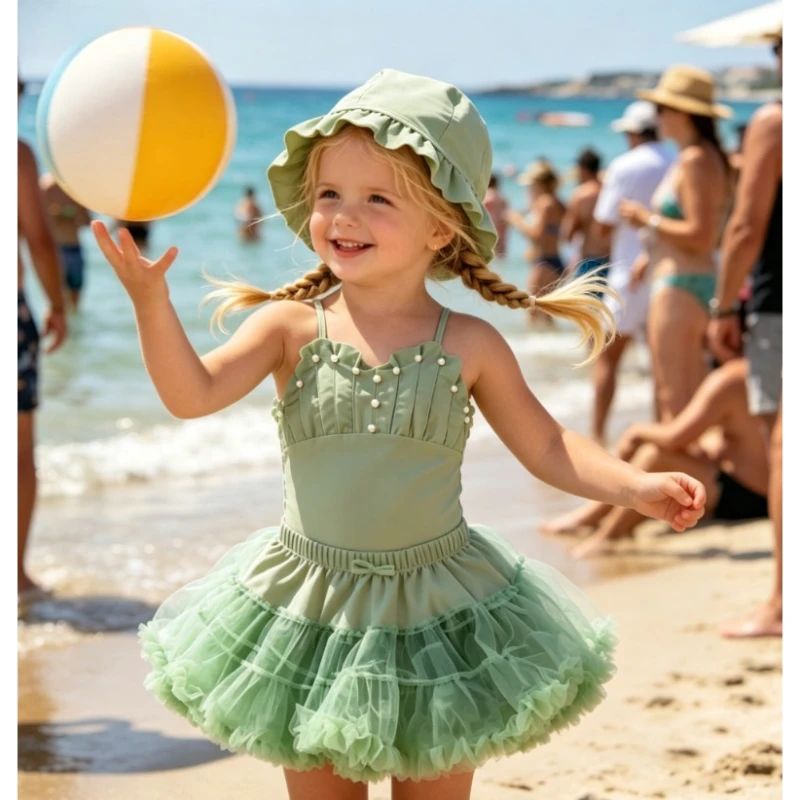 3Pcs Morandi Green Girls One-piece Swimsuit Set, fresh skirt swimwear with cap, lovely summer water play suit