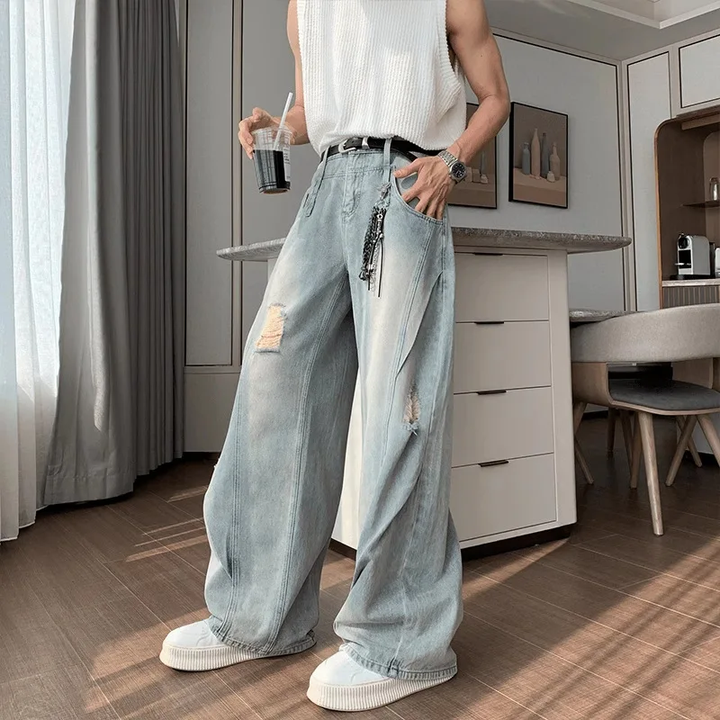 Jeans Scimitar Vintage [Vintage Washed] untuk Pria |   Celana Panjang Biru Muda Model Wide-Leg dengan Detail Kancing, Ca