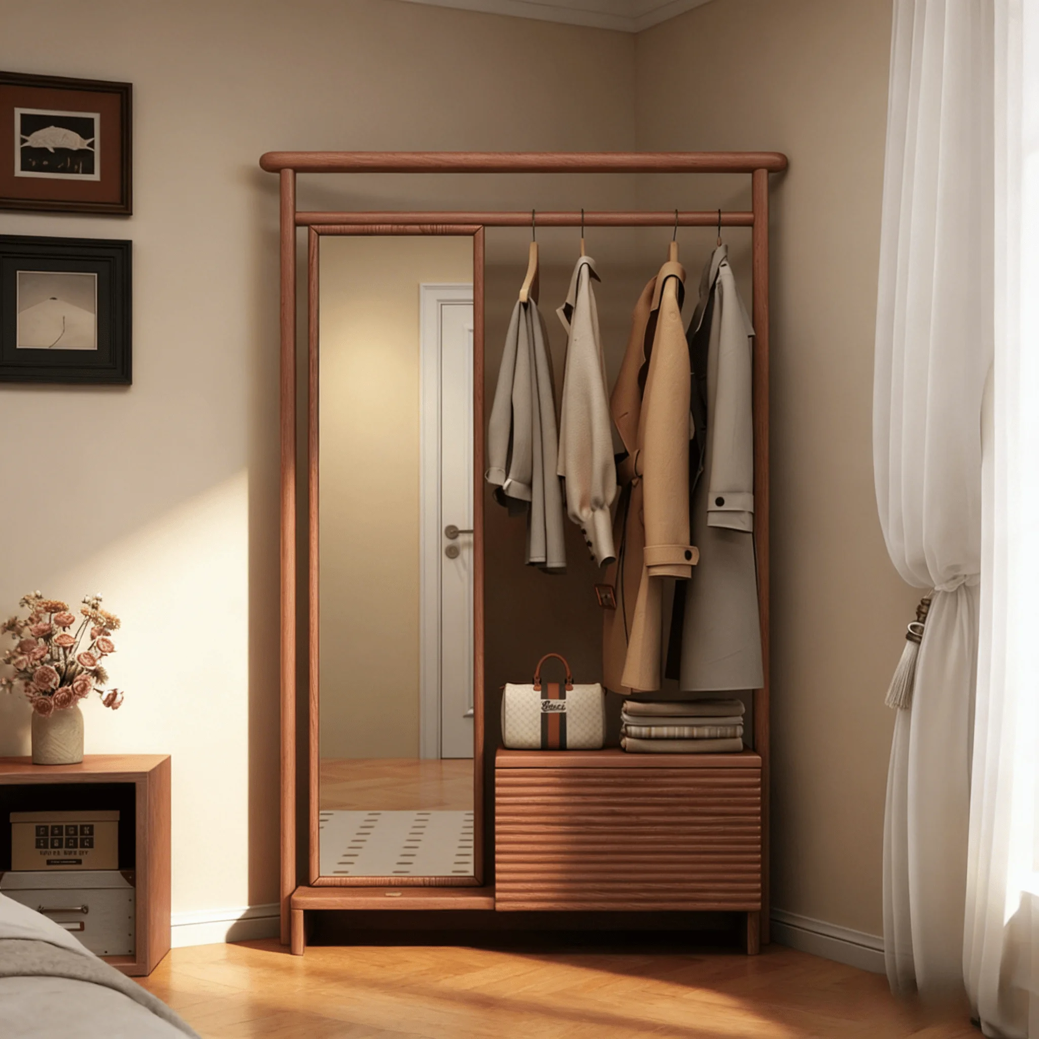 #￥Wholesale Modern Rubber Wood Home Storage Combo Wardrobe with Mirror Grooming Function and Coat Rack for Living Room Bedroom