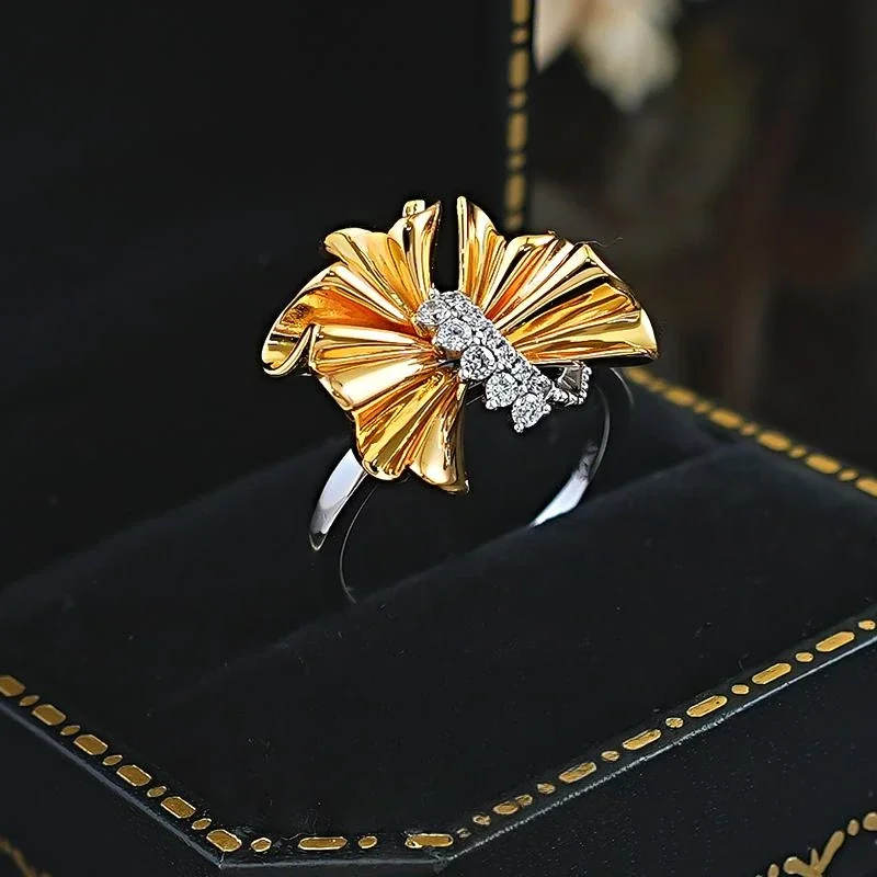 925 silver ring, high bead gold pleated skirt, bow set with high carbon diamond, fashionable and cute, super white new style