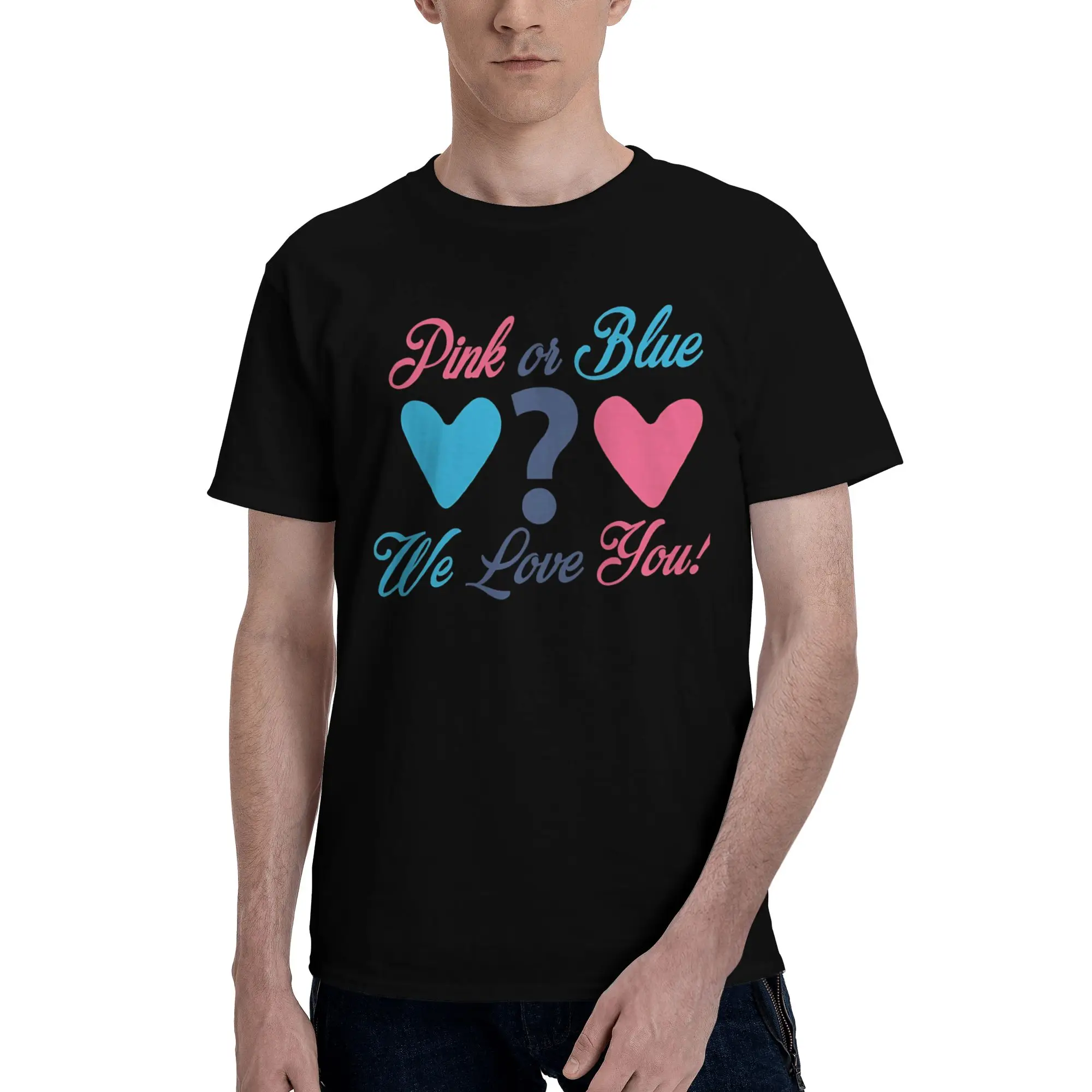 We love you heart Love Men's T Shirt pink or blue Vintage Tee Shirt Short Sleeve Round Neck 100% Cotton Printing Tops T-Shirt