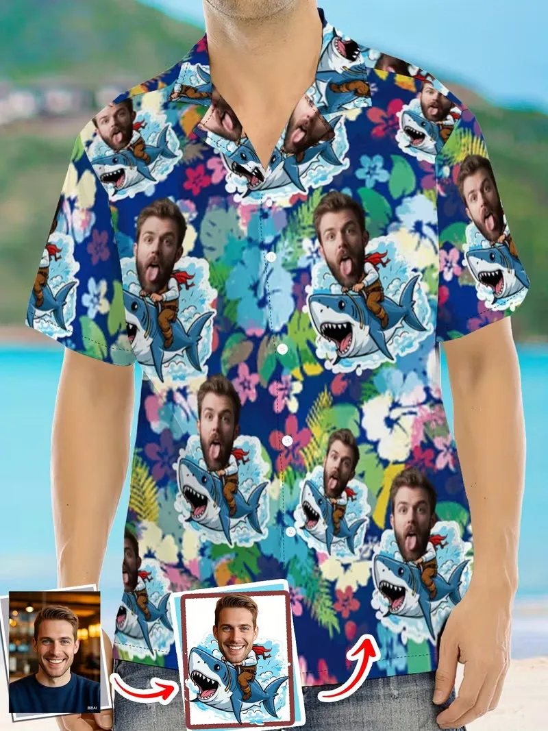 

Мужская рубашка-алоха с коротким рукавом и пуговицами, с индивидуальным фото-принтом «Райдер на акуле», тропическим цветочным узором, пляжная рубашка