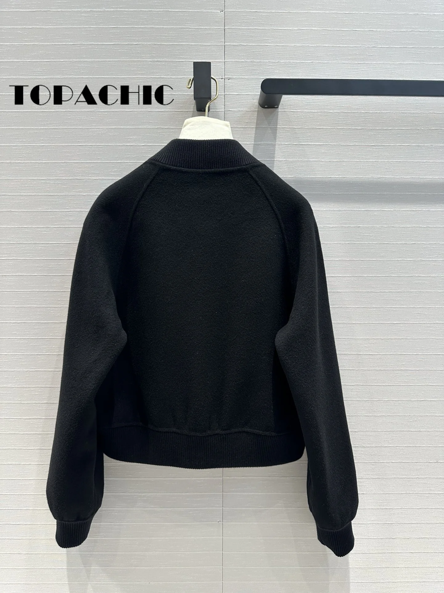 7.24 TOPACHIC-FemaleTemperament Double-Side Cashmere Jacket Ribbed Spliced Stand Collar Big Pocket Zipper Short Outerwear