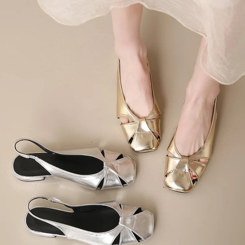Letnie damskie złote srebrzyste mieszkania Buty żeglarskie Square Toe Slip on Flat Shoes for Woman Ballet Flats Wygodne sandały damskie