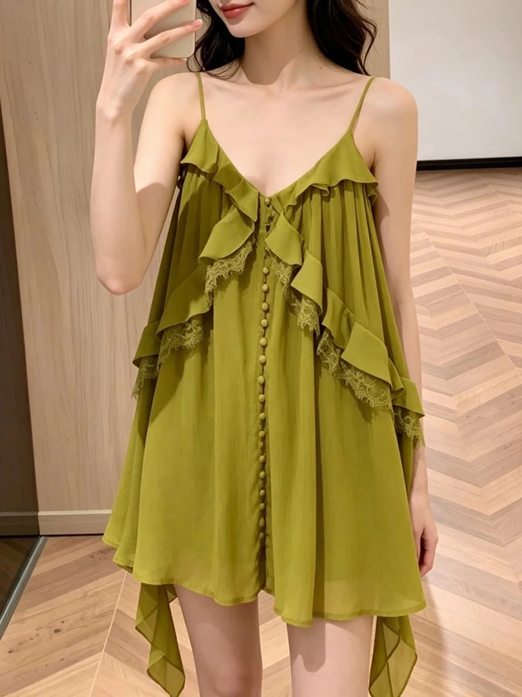 French vintage olive green leaf-edge V-neck halter dress - lace-embroidered irregular ruffles loose summer short dress