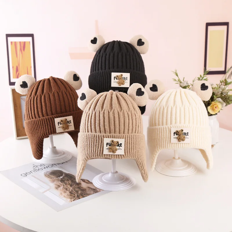 

Winter Baby Ear Protection Hat Cartoon Bear Kids Knitted Hats Thick Warm Children Pullover Cap 1-4Year Boy Girl Crochet Bonnet