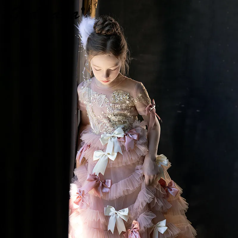 Sweet Baby Girls High End Heavy Luxury Princess Dress Kids Niche Sequin Mesh Bow Formal Gown Birthday Party Performance Outfit