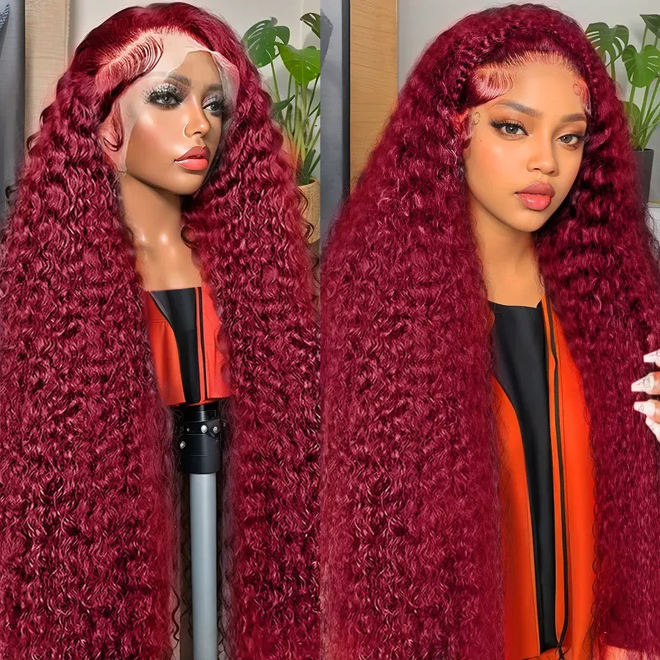 Perruque Deep Wave pré-plumée bordeaux 99J, 100% cheveux humains, perruques Lace Frmeds, 13x4, 13x6, densité 200%, 16-36 po