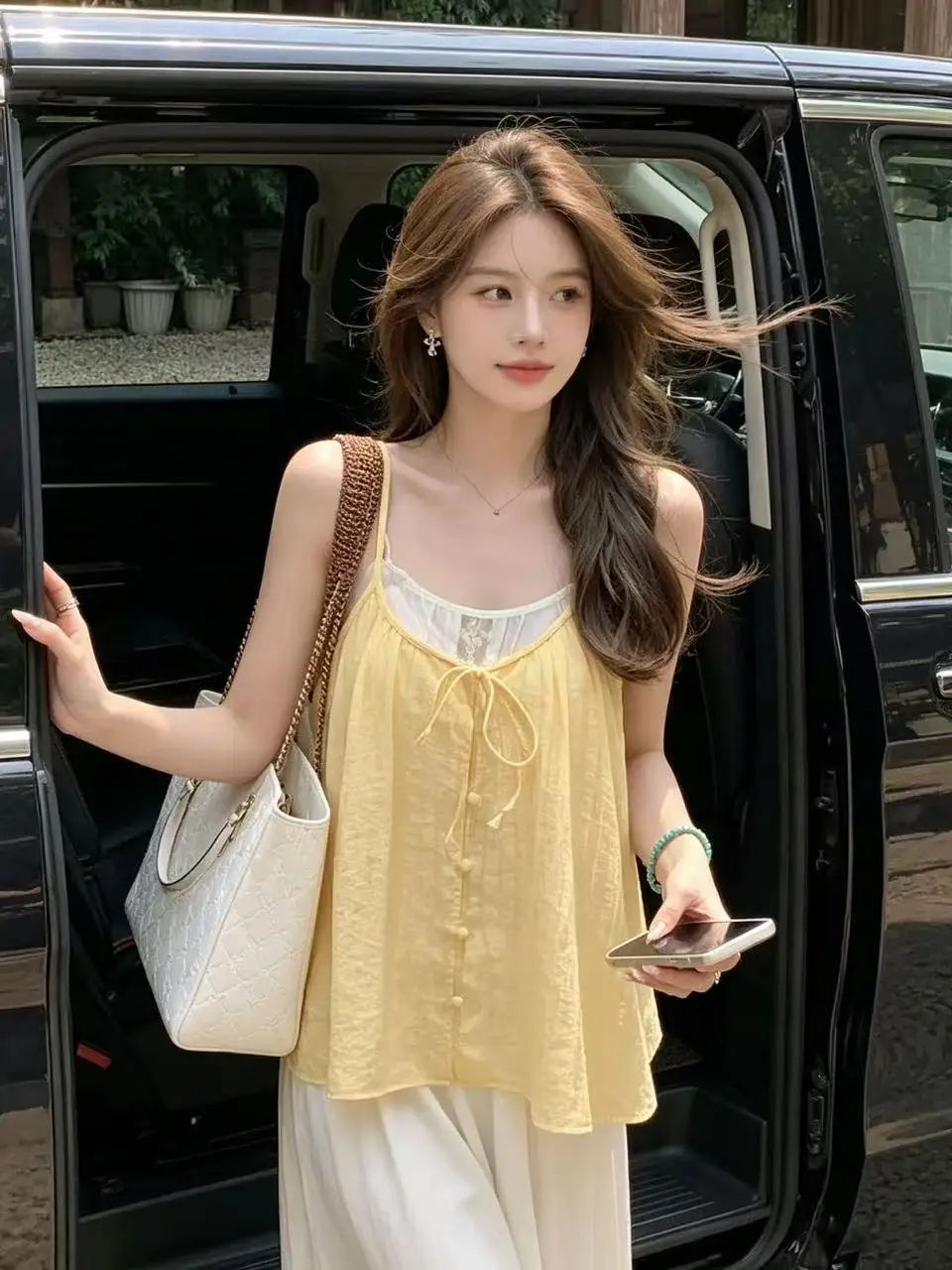 

Summer Lace Splice Knitted Strap Vest Women's Breathable Elastic Casual Cotton Polyester Two-Piece Set No-Sleeve Belted Top
