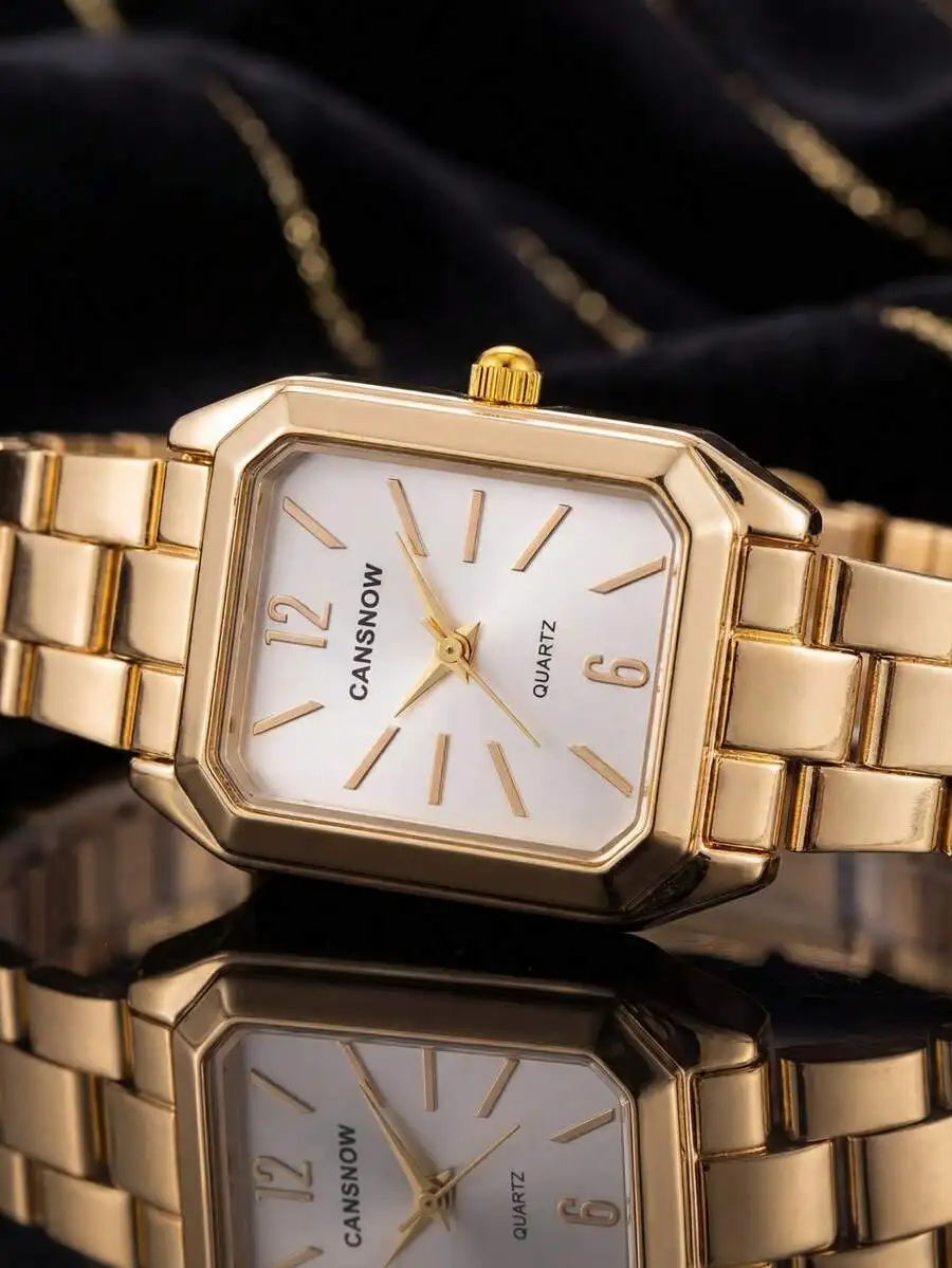 1pc Elegant Luxury Women's Gold Watch, Small White Square Dial Ladies Quartz Watch, Simple Fashion Female Wristwatch, Elegant