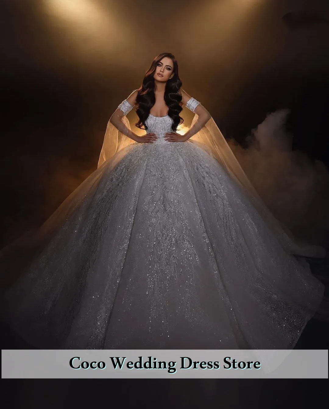 

Customized Luxury Ball Gown Wedding Dresses Sleeveless Capes 3D Lace Appliques Pearls Beads Bridal Gowns Vestina De Novia