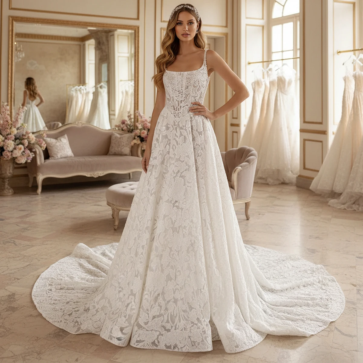 Elegant Lace Backless Ball Gown Wedding Dresses With Train Vestidos Novia Long A Line Square Collar Bridal Party Gown For Women
