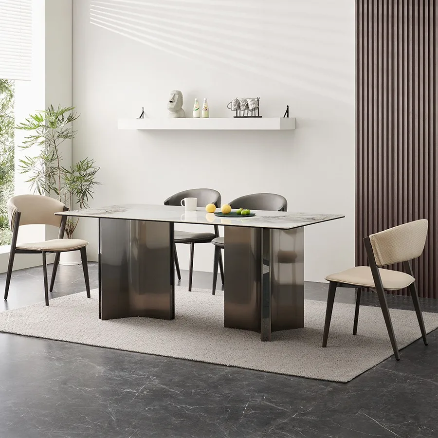 Italian minimalist light luxury rock slab dining table bright stainless steel modern minimalist designer high-end rectangular