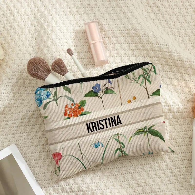 Custom Name Botanical Wildflower Corduroy Makeup Bag Personalized Cosmetic Pouch Travel Toiletry Bag Bridesmaid Birthday Gift