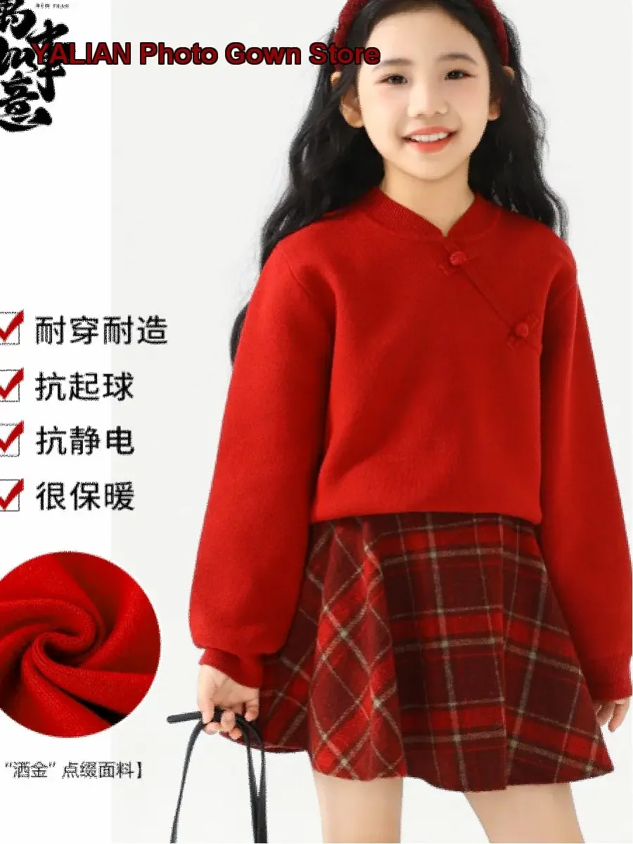 Girls Turtleneck Sweater Kids Winter Chinese Style Knit Top Solid Color Warm Older Kids