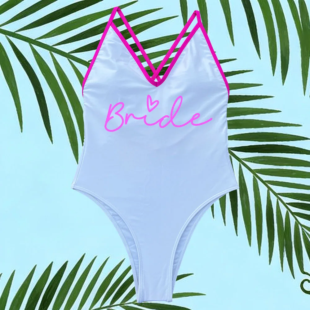 White Bride Swimsuits One-Piece Rose Gold Silver Print TEAM Bride Swimwear Women Beachwear Bachelor Party Plus Size Bathing Suit