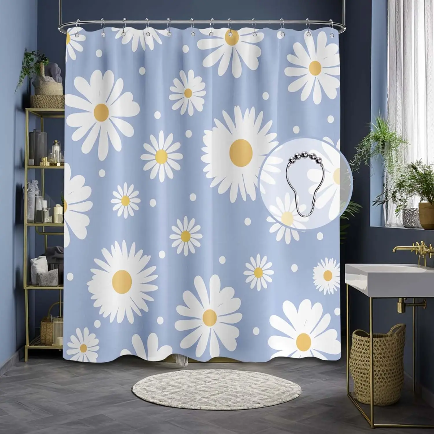 

Занавеска для душа Daisy, синие и белые милые цветочные занавески для душа для девочек, наборы декора для ванной комнаты, водонепроницаемая тканевая ткань с
