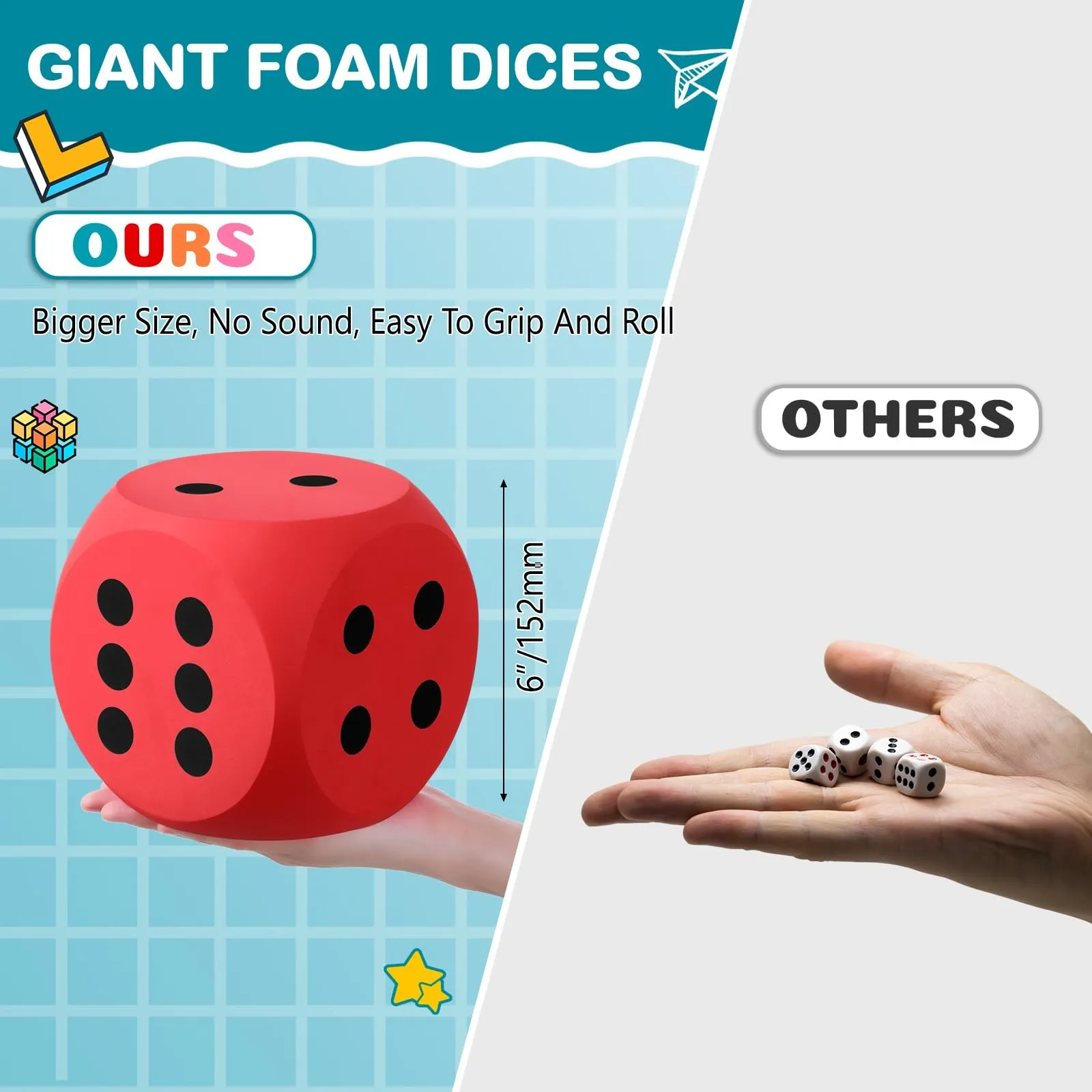 6 Inches Foam Dice Fun Filled Large Educational Toy Kawaii Giant Dice Decorative Eva Foam Jumbos Dice Big Square Building