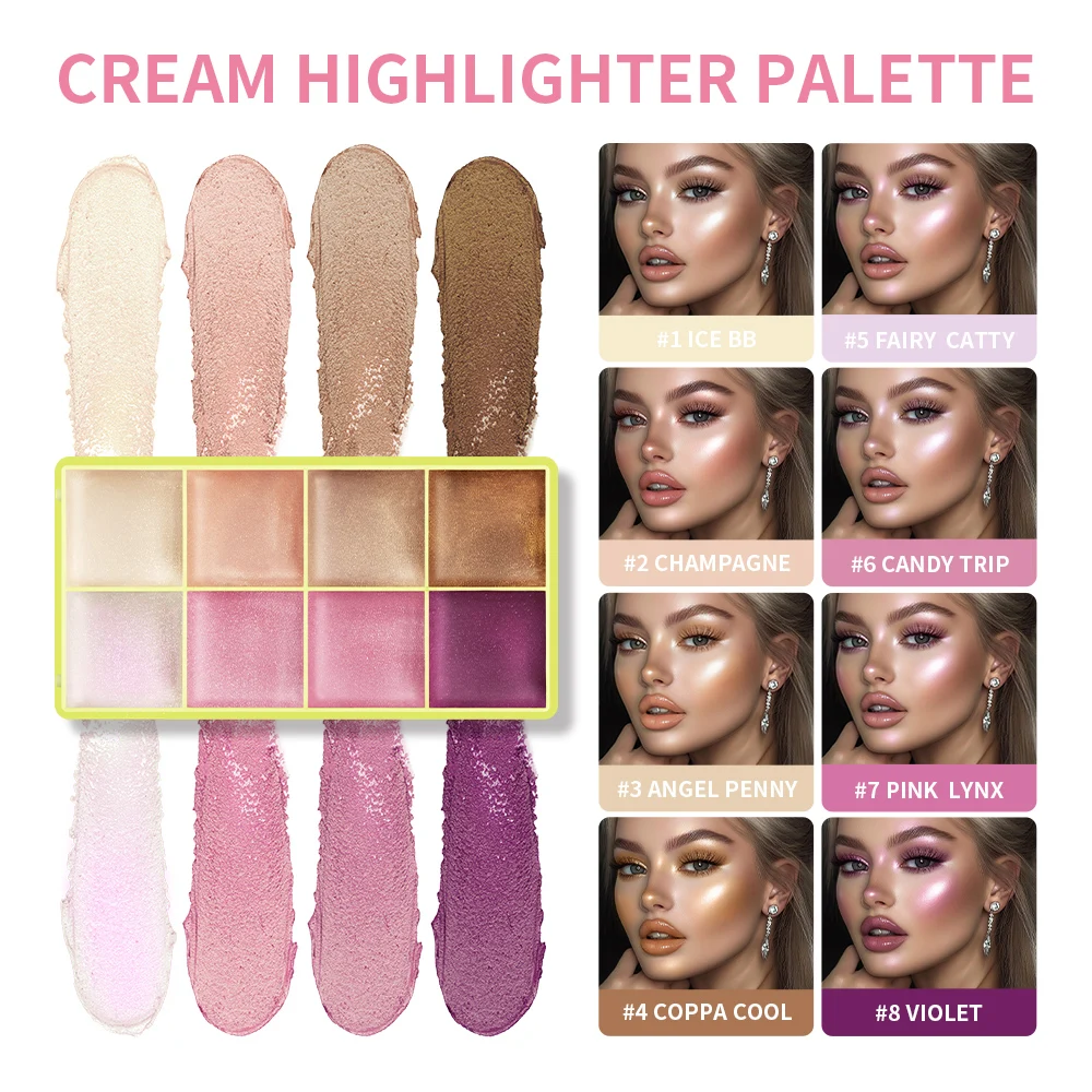 8-Farben-Creme-Highlighter-Palette für Highlight-Gesicht, Aufhellung, Highlighter, Rouge, Schimmer, wasserfestes Make-up-Werkzeug, Kosmetik