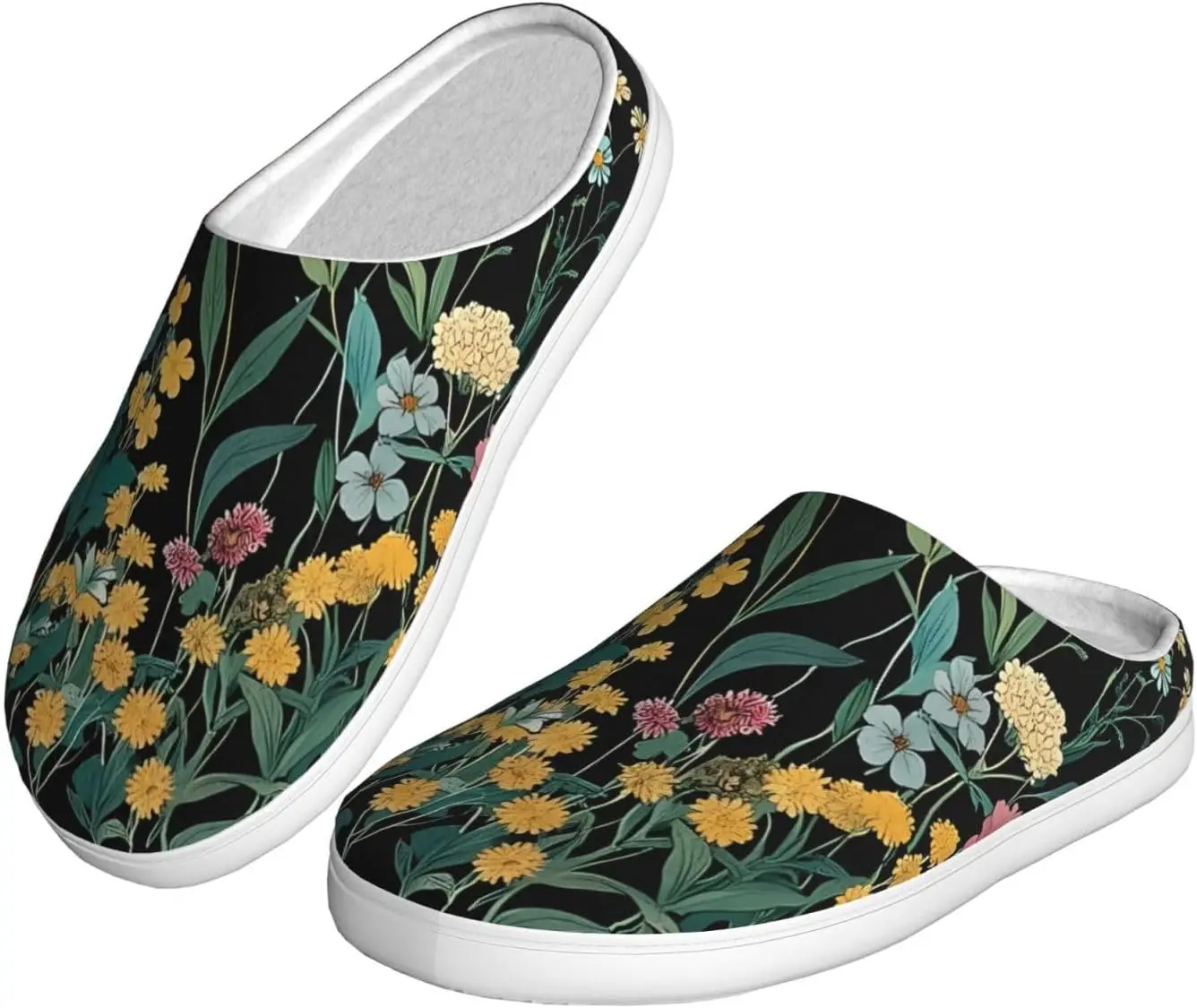 Zapatillas acogedoras para mujer con flores de belleza, color negro y rosa, zapatillas de casa para interiores y exteriores de algodón suave con suela antideslizante