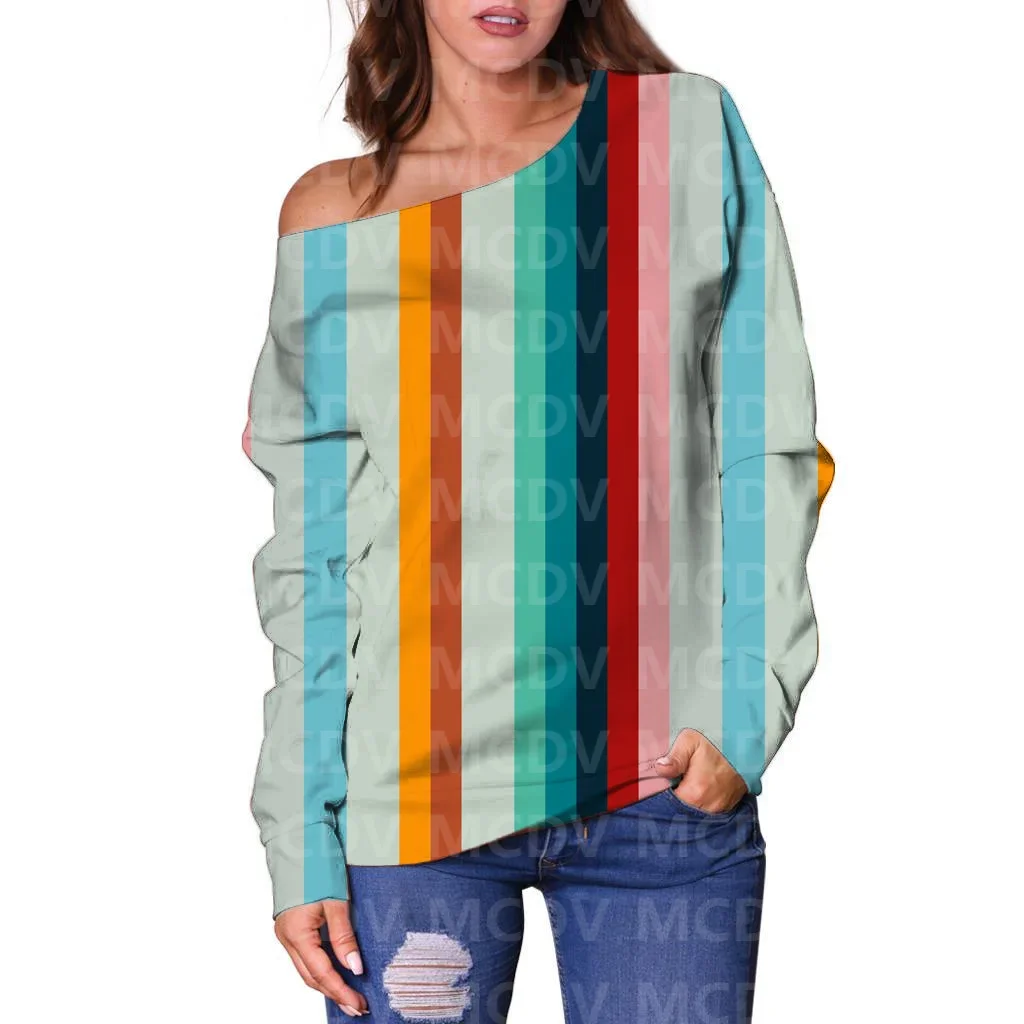 Women's Off Shoulder Sweater Retro Stripe Art 3D Printed Women Casual Long Sleeve Sweater Pullover